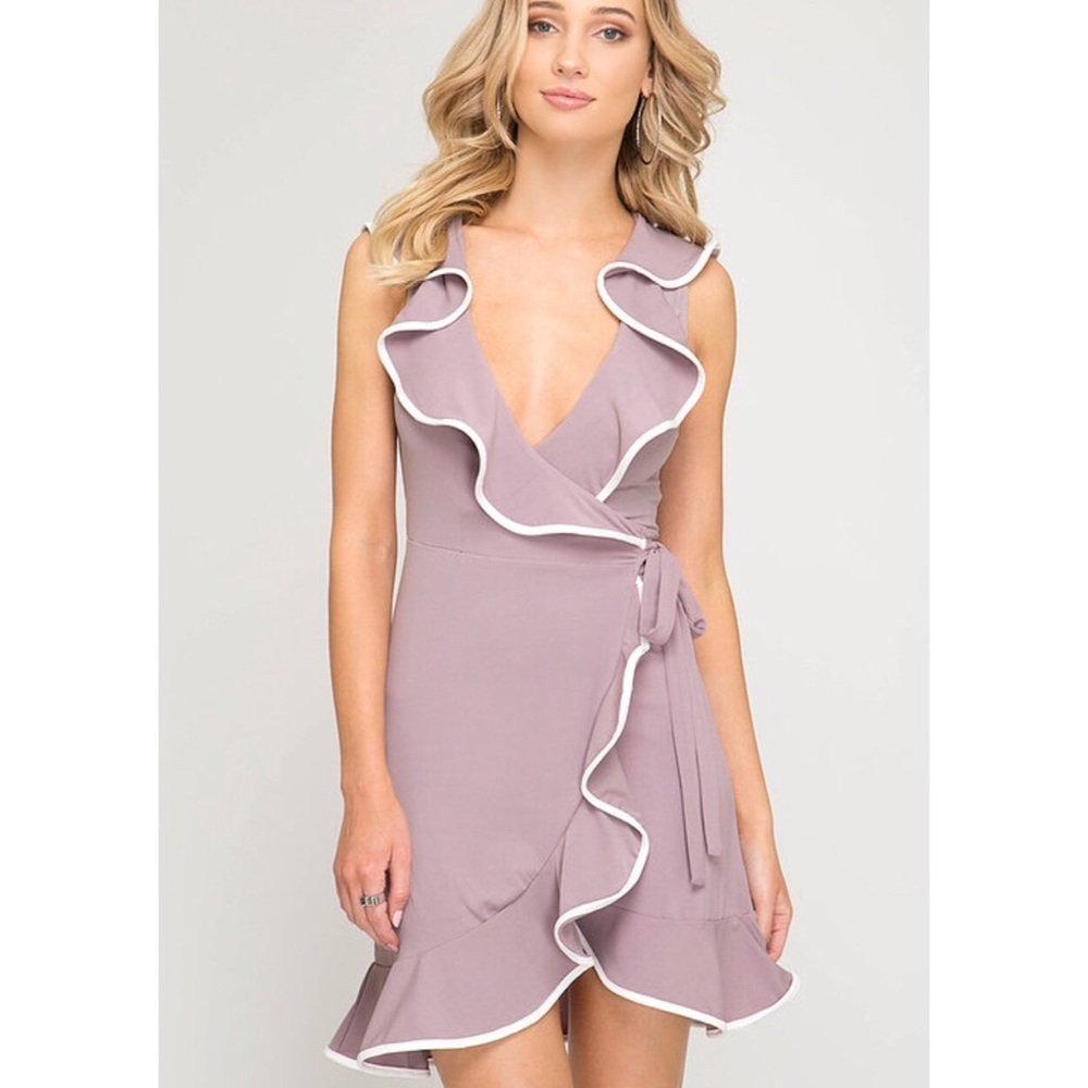 Mauve Ruffle Wrap Dress with White Binding